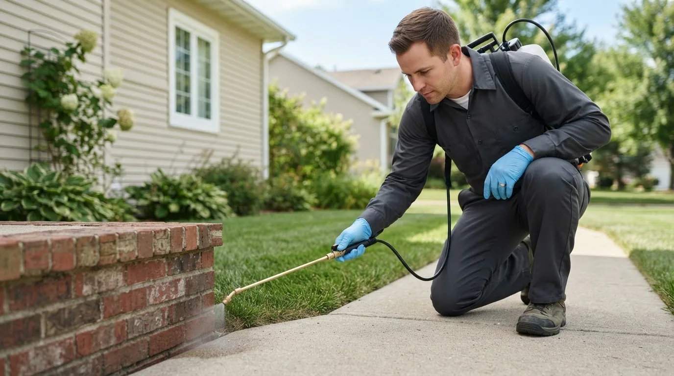 Pest control technician treating a home near Lowden, IA