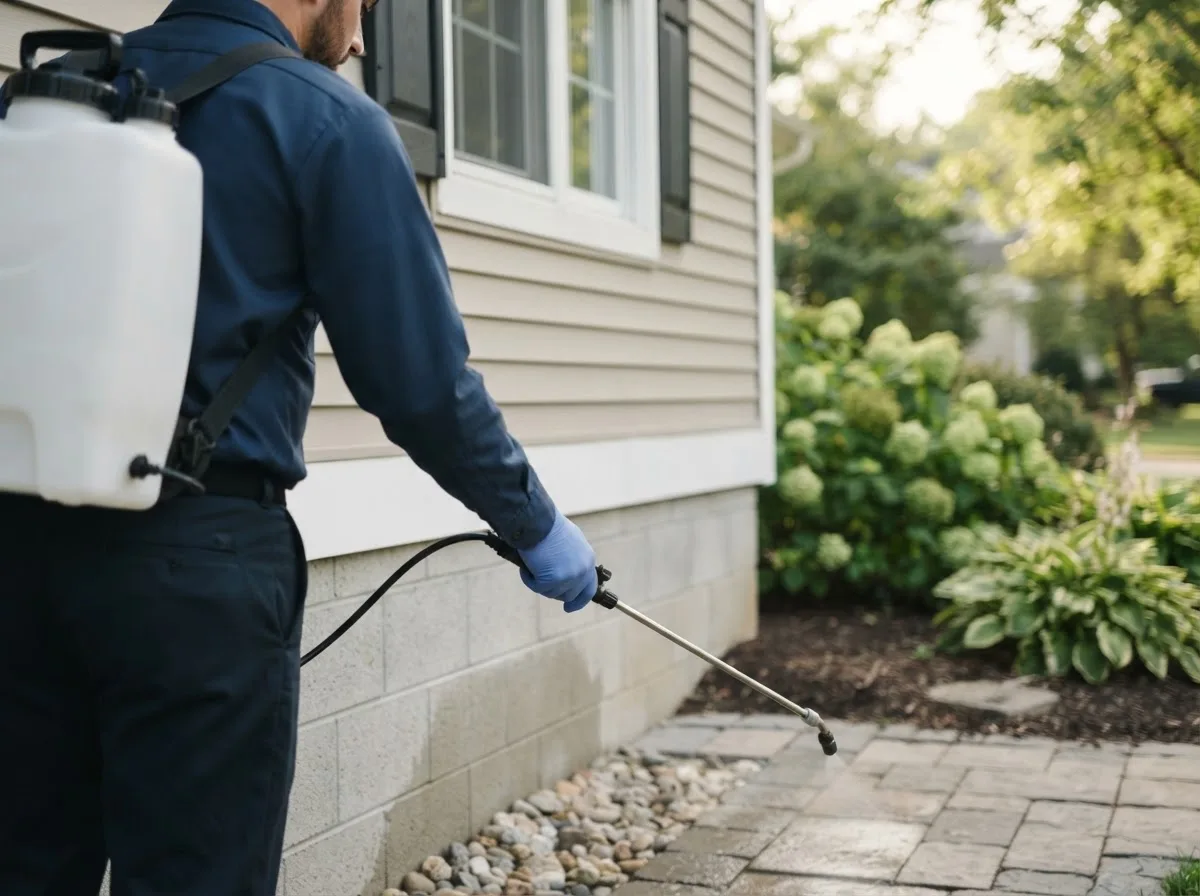 Pest control technician inspecting a home in Lowden, IA